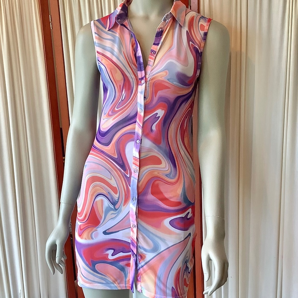 Topshop Womans Sheer Mini Dress- Beach Cover Up Button Down Size Small